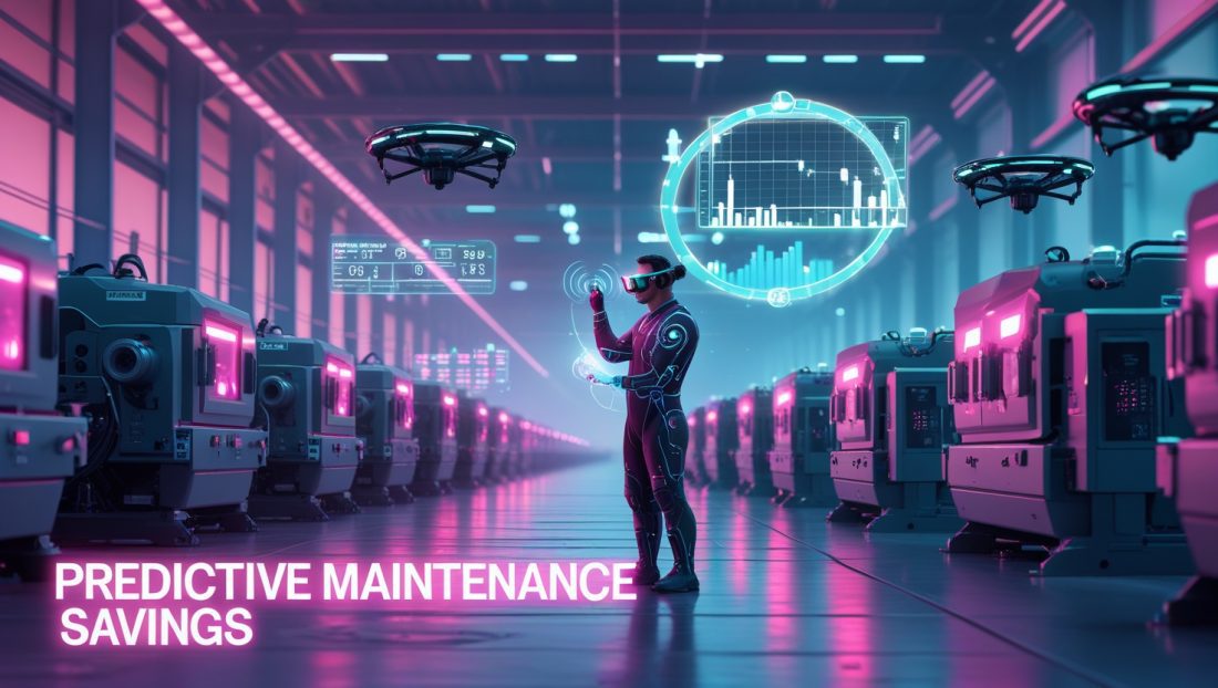 Cyberpunk-style digital illustration highlighting Predictive Maintenance Savings in a futuristic factory. Neon-lit machines with smart sensors show holographic diagnostics, while a technician in an exosuit monitors equipment to prevent costly industrial downtime.