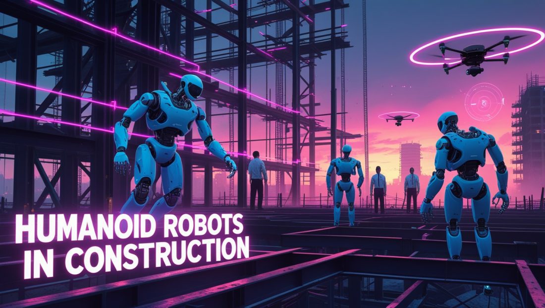 Dark cyberpunk digital illustration showing humanoid robots in construction, with glowing neon text reading "Humanoid Robots in Construction." Features Boston Dynamics’ Atlas robot operating on a futuristic job site, highlighting AI, robotics, and labor automation in the construction industry.