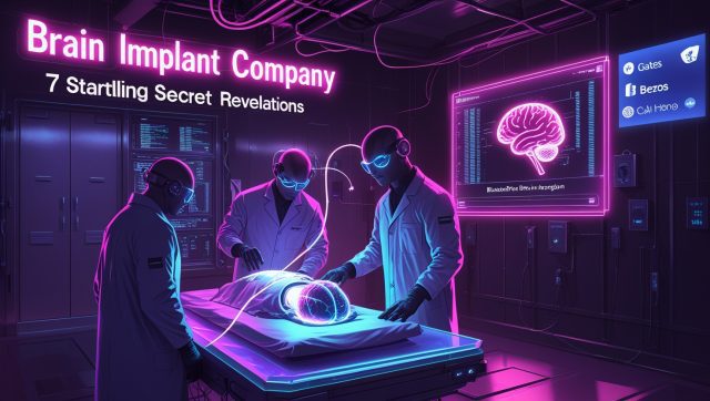 Dark cyberpunk digital illustration of a secretive neurotech lab with neon pink and purple lighting, showing a patient undergoing a stentrode brain implant surrounded by holographic brain-wave projections, titled “Brain Implant Company” with subtitle “7 Startling Secret Revelations.”