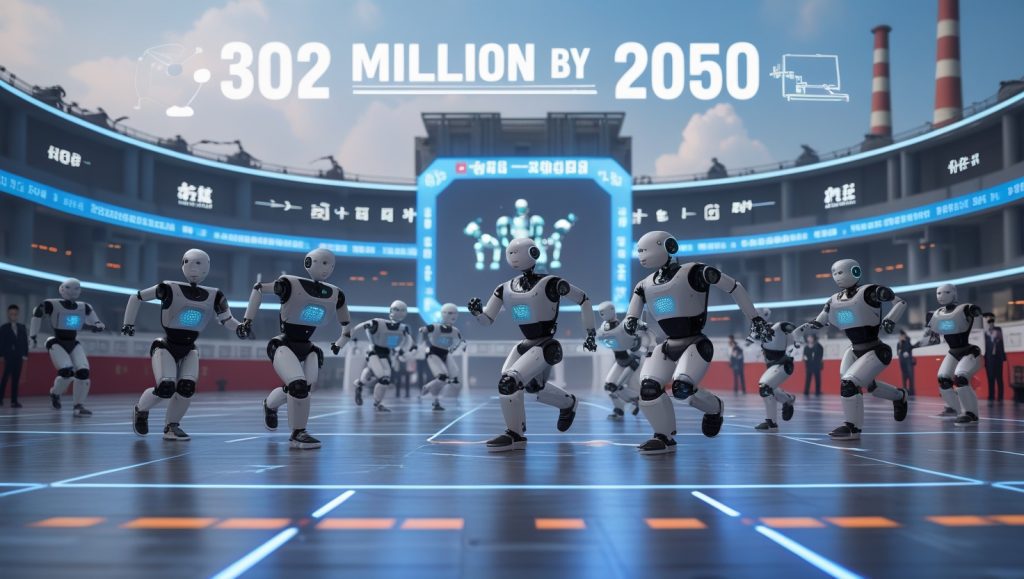 Humanoid robots competing in a public tournament in China, with engineers analyzing performance and robotic assembly lines in the background, symbolizing China's large-scale AI and robotics industrialization strategy toward 302 million units by 2050.