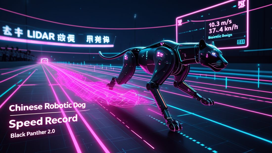 Dark cyberpunk illustration of the Black Panther 2.0 robotic dog sprinting on a neon‑lit test track, with glowing overlays showing “10.3 m/s” speed metrics and holographic data, highlighting the Chinese robotic dog speed record.