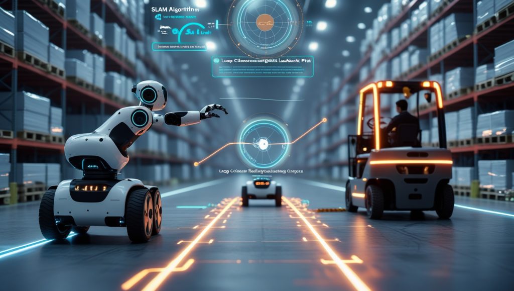 "Autonomous warehouse robots using advanced SLAM technology with loop closure and real-time obstacle detection via camera and LiDAR in an industrial setting"