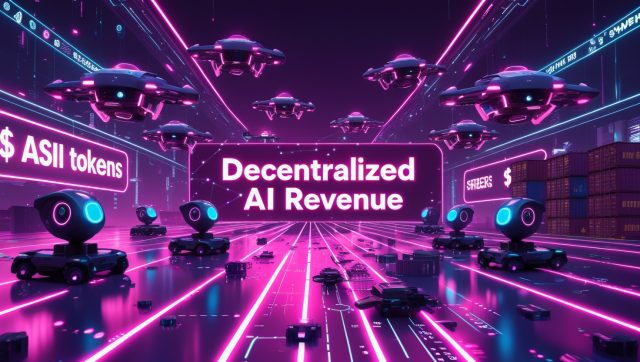 Dark cyberpunk illustration showing autonomous AI drones and bots exchanging glowing tokens under neon pink “Decentralized AI Revenue” text, highlighting profit‑driving decentralized AI agents.