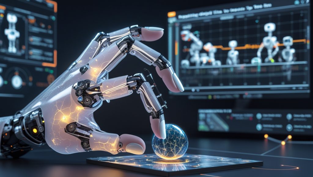 Futuristic robotic hand with artificial skin using triboelectric nanogenerators, microdome arrays, and fluidic channels to grip a delicate semiconductor wafer, visualizing AI-powered tactile feedback and real-time edge processing in advanced robotics lab