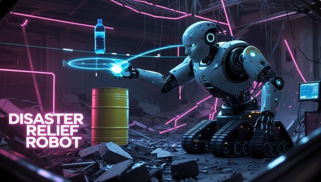 Cyberpunk-style illustration of ARMstrong Dex, a disaster relief robot, tossing a water bottle into a barrel inside a damaged industrial site. Surrounded by neon lights and debris, the humanoid robot showcases precision, agility, and AI-powered emergency response capabilities.