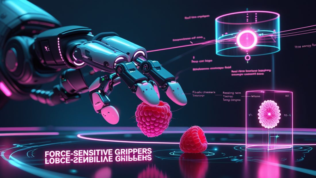 Dark cyberpunk illustration of a force-sensitive grippers robotic hand gently handling a raspberry and microchip, with neon pink sensor arrays and AR force‑mapping overlays.