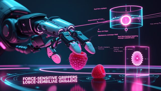 Dark cyberpunk illustration of a force-sensitive grippers robotic hand gently handling a raspberry and microchip, with neon pink sensor arrays and AR force‑mapping overlays.