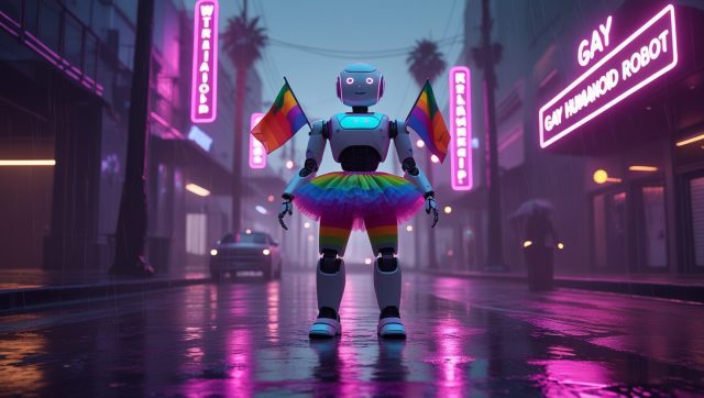 Cyberpunk digital illustration of a rainbow-dressed humanoid robot in a tutu with only the glowing text “Gay Humanoid Robot” visible, set in a neon-lit futuristic street with pink and purple lighting.