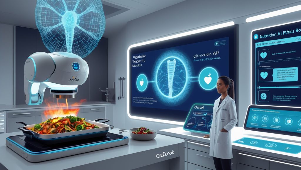 "Futuristic smart kitchen with robotic cooking device using DNA-based nutrition data, blockchain ingredient tracking, and AI-designed cardioprotective meal preparation for personalized health and food tech innovation"