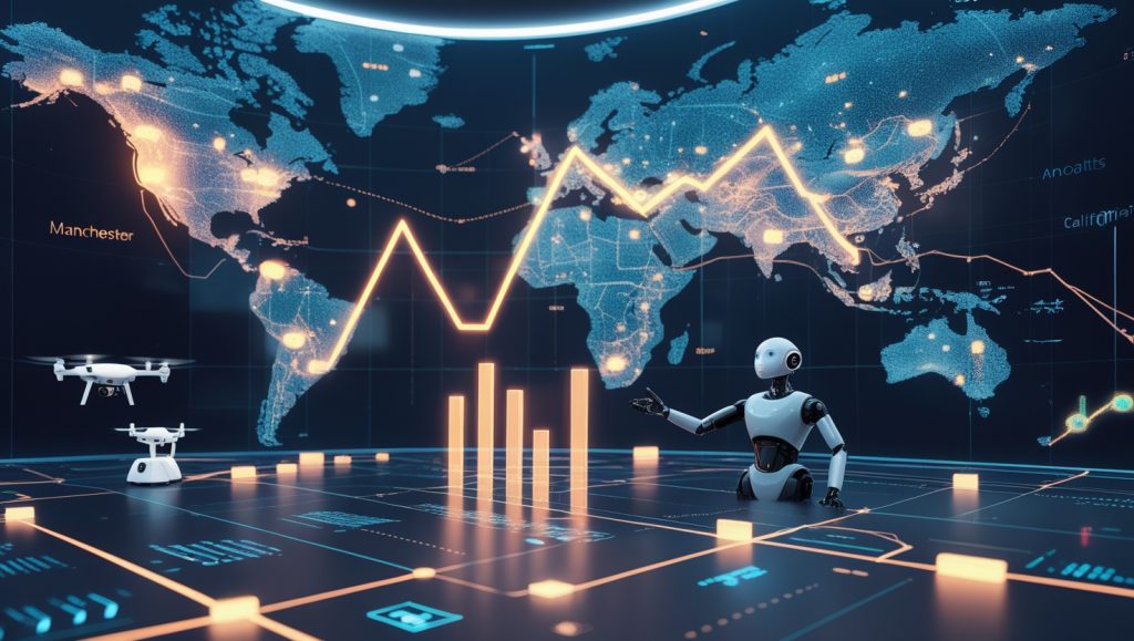 AI-powered real estate analytics dashboard visualizing property trends, infrastructure impact, climate risk zones, and sentiment analysis in global cities like Manchester, Melbourne, and California for predictive market forecasting