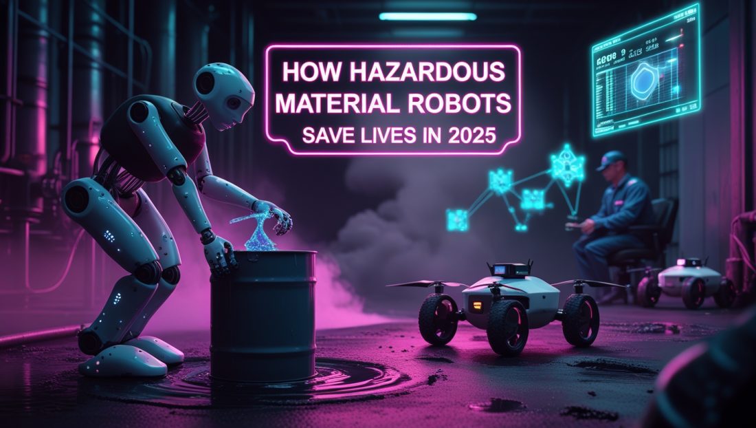 Dark cyberpunk illustration of neon‑lit hazardous material robots gripping chemical drums and navigating smoke‑filled corridors, with glowing text “How Hazardous Material Robots – Save Lives in 2025,” highlighting advanced robotic safety in dangerous environments.