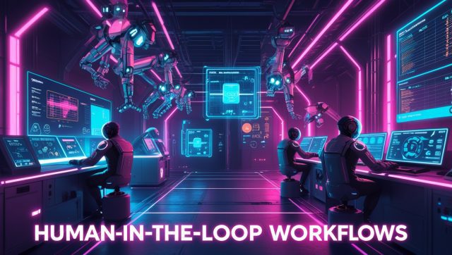 Futuristic cyberpunk digital illustration of human-in-the-loop workflows in an industrial AI factory, showing human engineers using AR interfaces to validate AI decisions in quality control, predictive maintenance, and compliance systems.