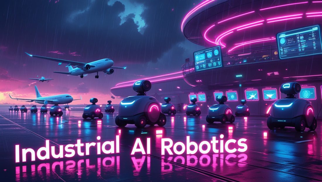 Cyberpunk digital illustration of industrial AI robotics at a futuristic airport, featuring neon-lit autonomous baggage handlers, aircraft inspection drones, and swarm robots managing passenger flow under glowing pink and blue lights.