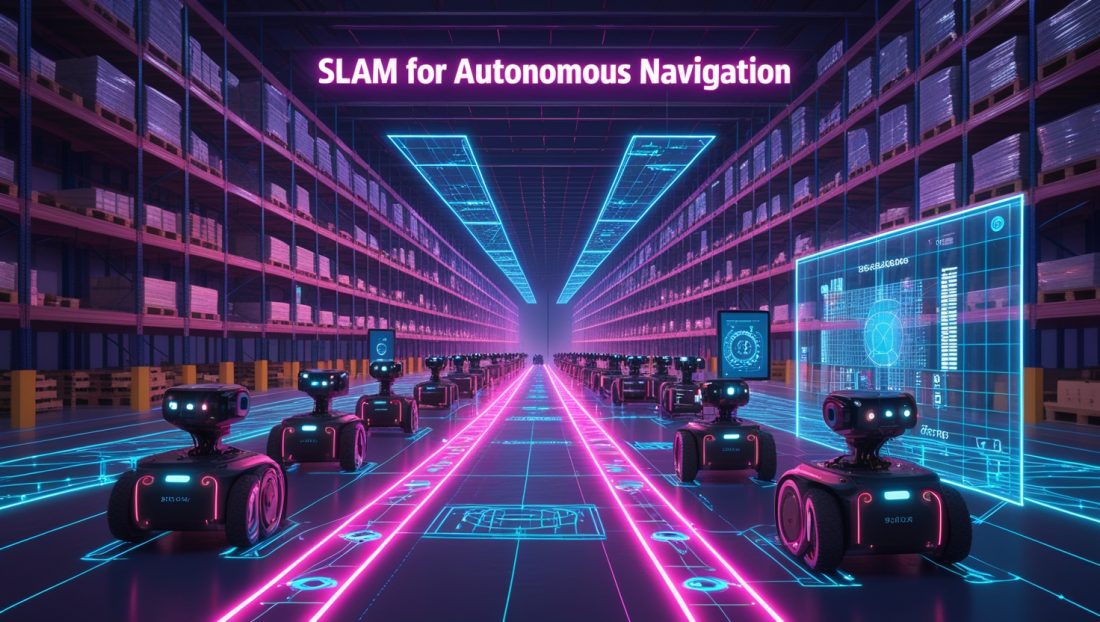 Cyberpunk-style digital illustration showcasing SLAM for Autonomous Navigation in a neon-lit smart warehouse, with autonomous robots mapping their environment in real-time using LiDAR, cameras, and IMUs. Glowing overlays show spatial maps, highlighting advanced robotics and sensor fusion in action.
