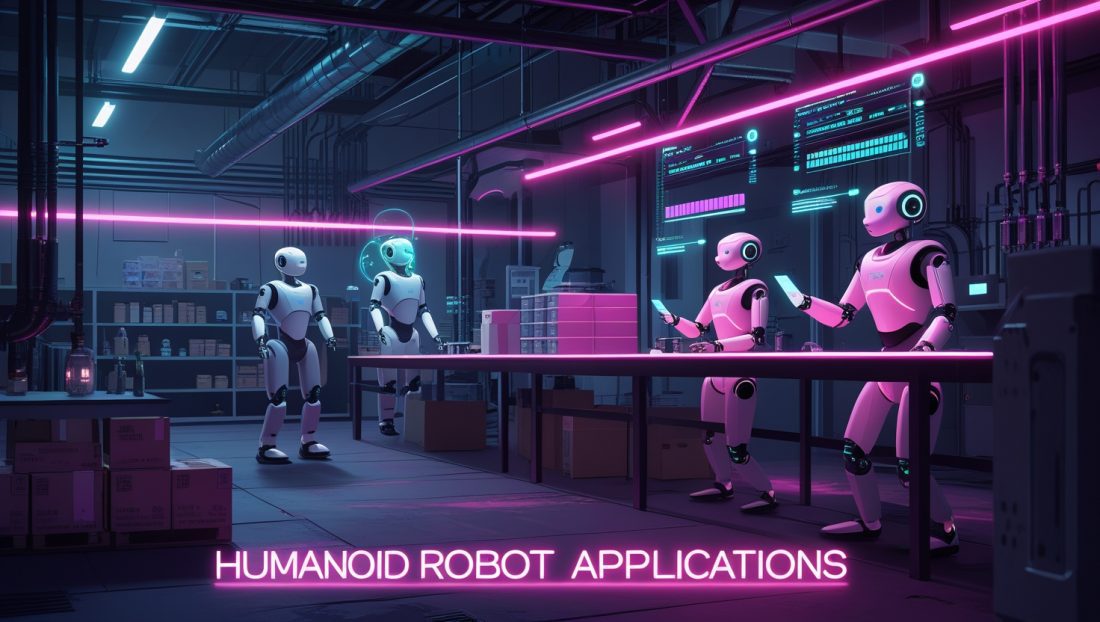 Dark cyberpunk digital illustration in neon pinks showing humanoid robots shelving packages, assisting technicians with circuits, and delivering medical supplies, with “Humanoid Robot Applications” in glowing text.