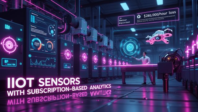 Cyberpunk-style illustration titled "IIoT Sensors with Subscription-Based Analytics," showing a neon-lit smart factory with predictive maintenance dashboards, robotic machinery, and cloud-based analytics preventing equipment failure.