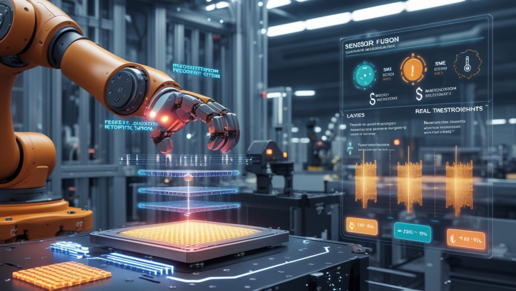 Futuristic robotic grippers with sensor fusion technology in a smart factory, showing piezoresistive, piezoelectric, and capacitive sensors in action with real-time tactile data overlays; affordable automation solutions like retrofit kits and Robot-as-a-Service models enabling cost-effective adoption for SMEs.