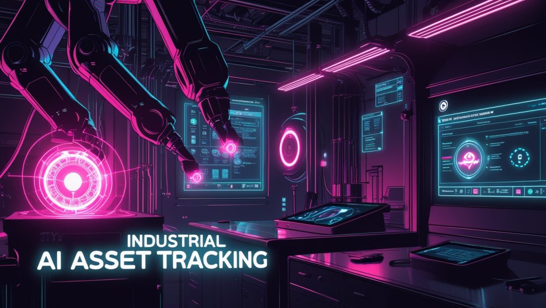Cyberpunk illustration of industrial AI asset tracking in a neon-lit factory with glowing robotic arms, holographic dashboards, and digital product passports (DPPs) detecting counterfeit parts using blockchain and predictive AI analytics.