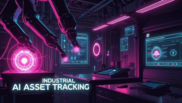 Cyberpunk illustration of industrial AI asset tracking in a neon-lit factory with glowing robotic arms, holographic dashboards, and digital product passports (DPPs) detecting counterfeit parts using blockchain and predictive AI analytics.