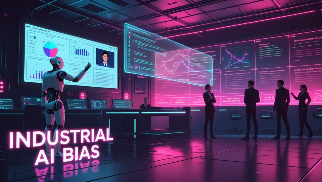 Cyberpunk digital illustration with neon pink tones showing “Industrial AI Bias” in glowing text, a humanoid robot screening resumes, conflict among team members, and holograms revealing cultural bias in AI decisions—visualizing ethical challenges in enterprise AI adoption.
