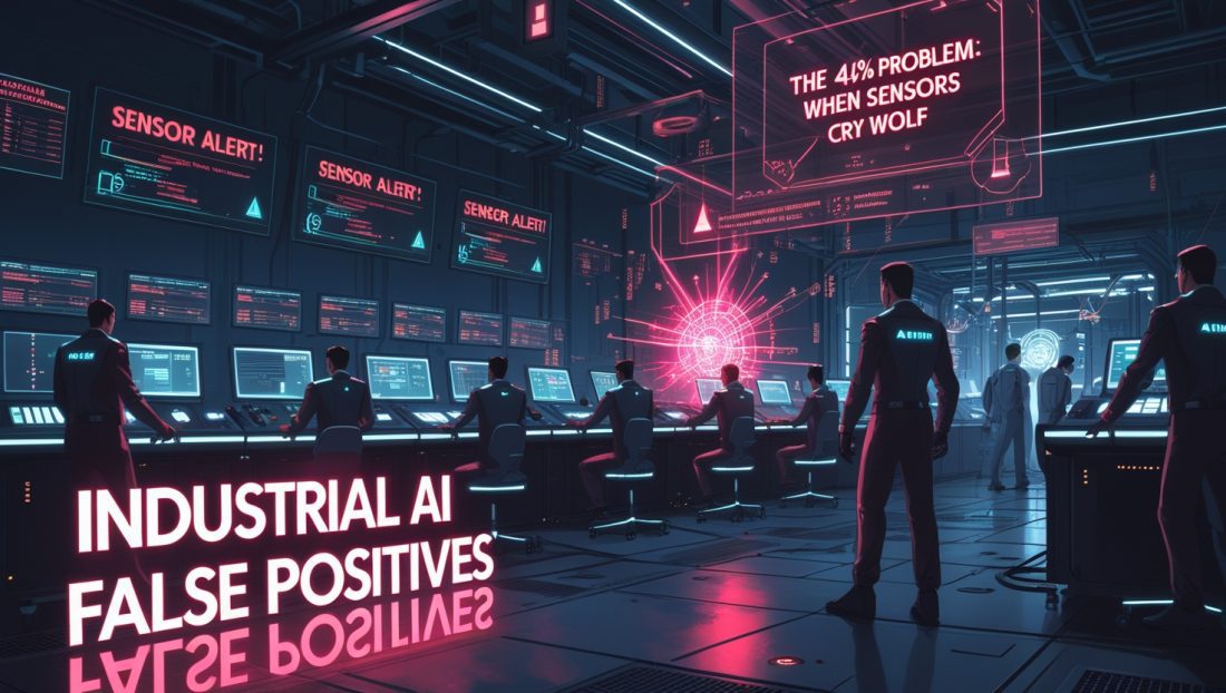 Cyberpunk digital illustration of a futuristic factory facing Industrial AI false positives, showing control room chaos with false sensor alerts. Factory workers override faulty AI warnings, highlighting the impact of unreliable sensor data and automation failures in industrial environments.