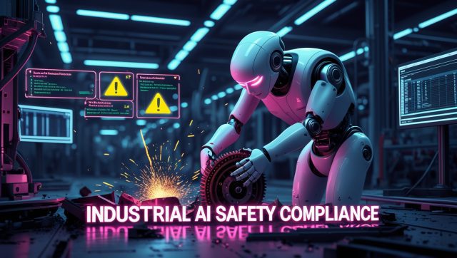 Cyberpunk digital illustration depicting a robotic failure in a smart factory, with glowing pink neon lights and simulation error overlays. A humanoid robot drops a gearbox near a technician, emphasizing Industrial AI safety compliance risks and the need for better validation protocols.