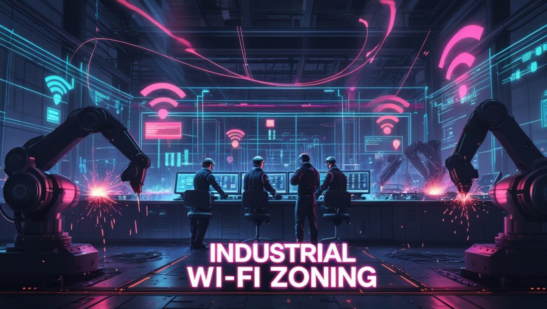 Cyberpunk-style digital illustration showing the consequences of poor industrial Wi-Fi zoning in a smart factory, with glitching data streams, malfunctioning IIoT sensors, robotic arms, and neon-lit dashboards losing connectivity.