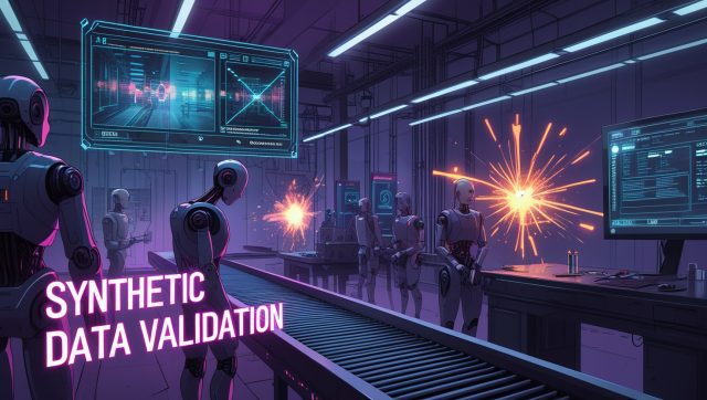 Cyberpunk digital illustration showing a humanoid robot malfunctioning in a neon-lit factory due to synthetic data validation errors, with overlays of simulation-vs-reality diagnostics, symbolizing the risks of untested industrial AI.