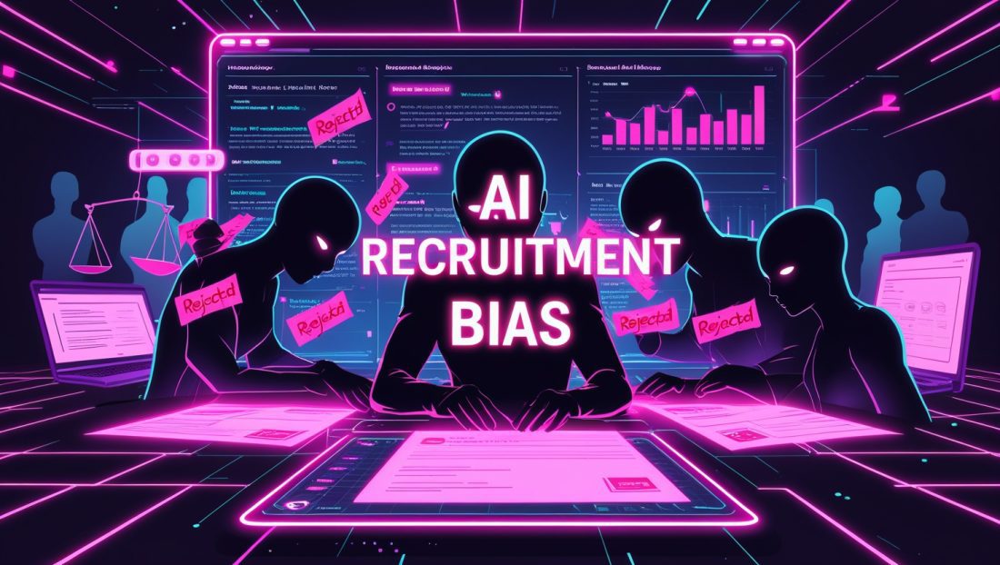 Dark cyberpunk digital illustration of an AI recruitment dashboard filtering résumés with neon pink and purple hues, showing bias against certain keywords and highlighting explainable AI analytics under the title “AI Recruitment Bias.”