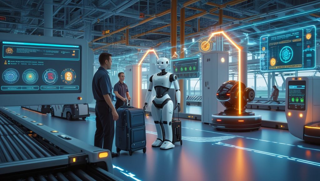 Human-robot collaboration at a futuristic airport showing workers supervising robots, predictive maintenance dashboards, middleware bridging legacy baggage systems with AMRs, and cybersecurity interfaces with blockchain and Lidar encryption.