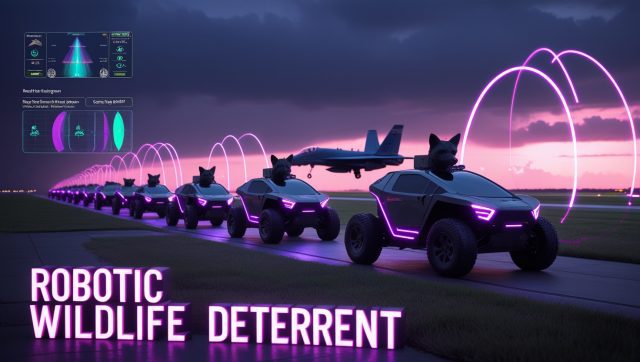 Cyberpunk digital illustration titled Robotic Wildlife Deterrent showing neon-lit robotic coyote rovers patrolling a futuristic airfield. Holographic overlays display bird strike data as jets taxi nearby, highlighting autonomous wildlife deterrent technology.