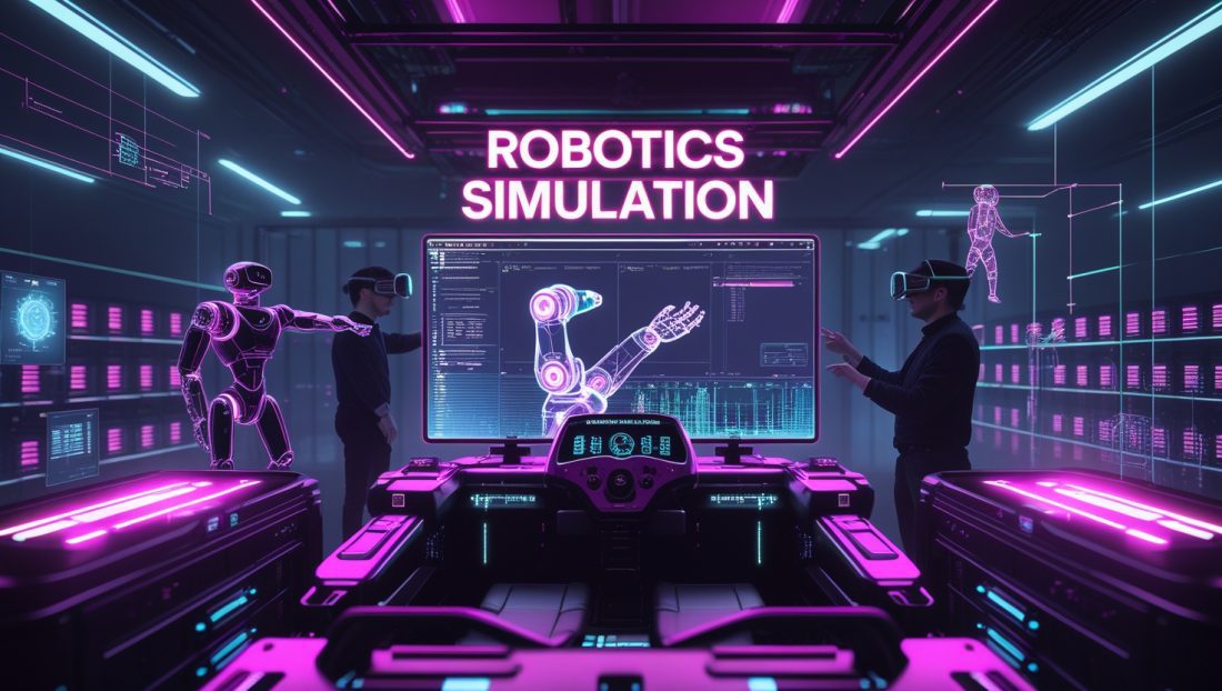 Dark cyberpunk digital illustration of a robotics simulation lab with neon pink and purple lights, showing engineers using VR/AR to design virtual robot arms and data-driven digital twins.