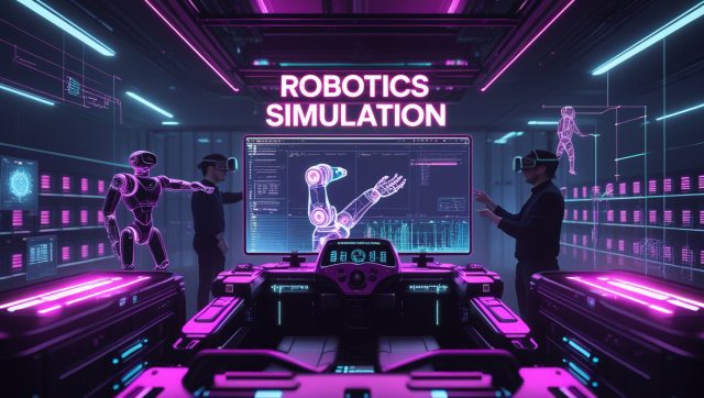 Dark cyberpunk digital illustration of a robotics simulation lab with neon pink and purple lights, showing engineers using VR/AR to design virtual robot arms and data-driven digital twins.