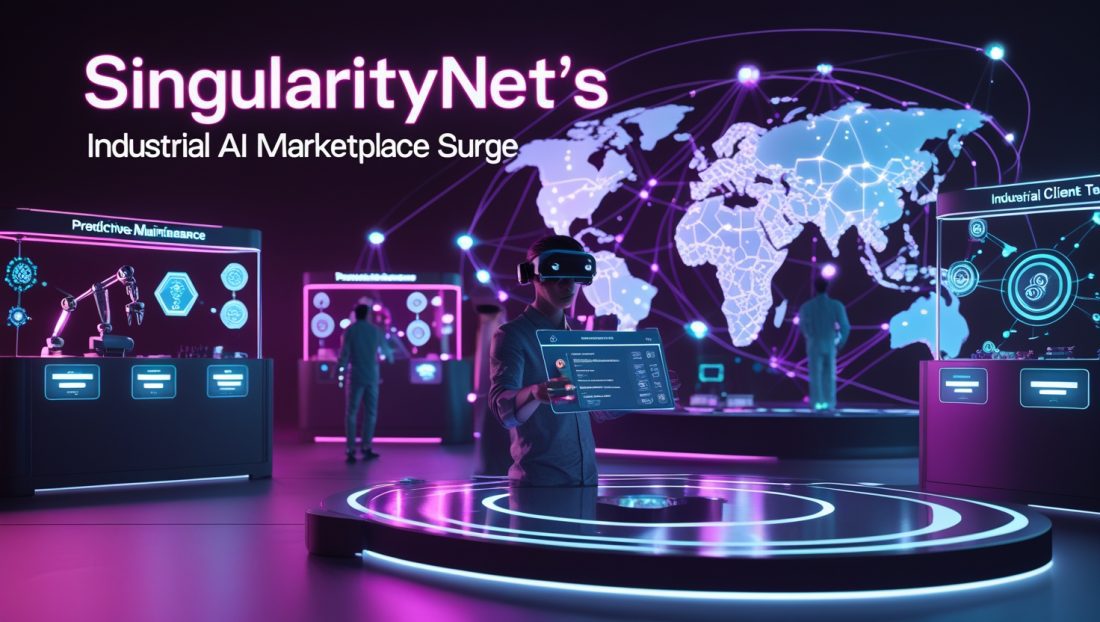 Dark cyberpunk digital illustration of SingularityNET’s industrial AI marketplace surge, showing neon‑pink holographic kiosks, floating AI service icons, and an engineer selecting a predictive‑maintenance model under glowing text “SingularityNET’s” and “Industrial AI Marketplace Surge.”