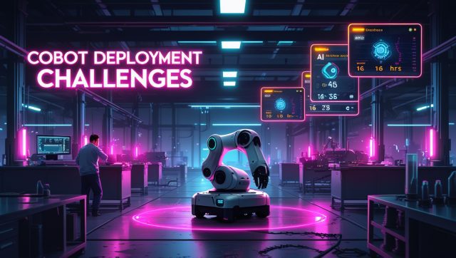 Cyberpunk digital artwork of a dark robotic factory showing an idle collaborative robot under neon pink lights, with glowing text “Cobot Deployment Challenges,” highlighting real-world automation issues and low cobot utilization across shifts.