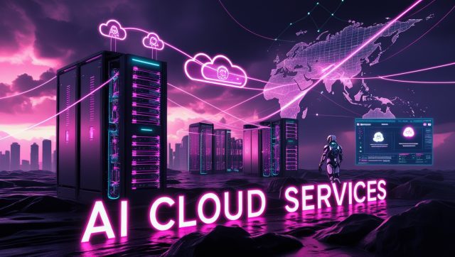 Cyberpunk digital illustration showcasing AI Cloud Services in Southeast Asia, with glowing neon text reading “AI Cloud Services,” futuristic data centers, illuminated server racks, and holographic maps of Malaysia and the Philippines, highlighting Alibaba’s AI infrastructure growth.