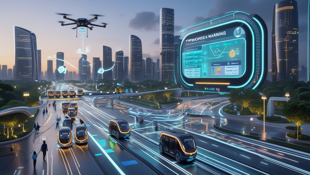 Futuristic smart city with AI-powered traffic systems rerouting buses and adjusting signals during typhoon warnings, featuring real-time commuter updates and autonomous drones for urban mobility management.