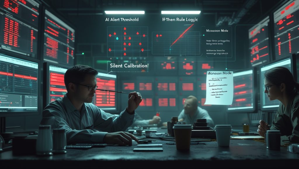 "Operations team adjusting AI alert thresholds in a smart factory control room with dashboards, rule-based overlays, and a manual log for weather-based false alarms"