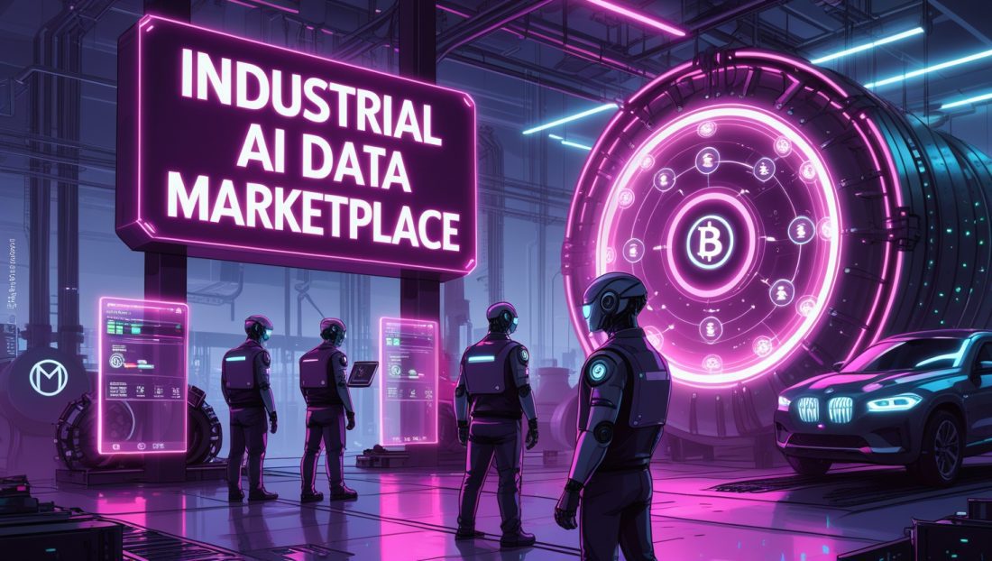 Cyberpunk digital illustration of an Industrial AI Data Marketplace with neon pink and purple lights, showing humanoid robots, AR dashboards, and encrypted data token exchanges. Scene highlights secure AI data monetization and predictive maintenance in smart factories.
