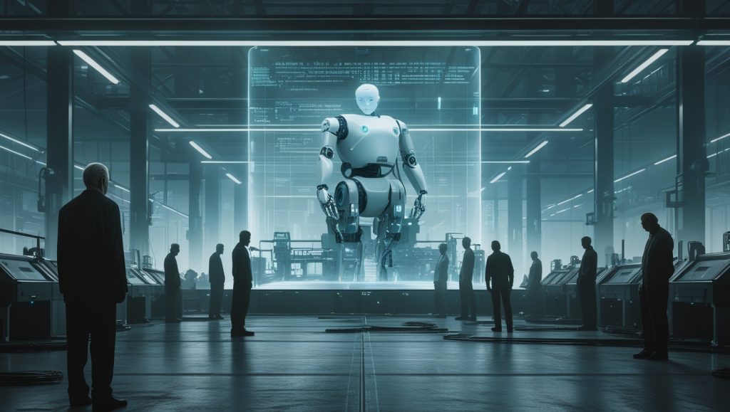 Futuristic factory with humanoid robots replacing human workers, digital twin of the factory displayed as a hologram, symbolizing AI-driven automation and job displacement in industrial settings