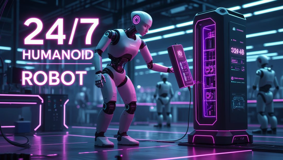 Cyberpunk digital artwork of a 24/7 humanoid robot swapping its own battery inside a neon-lit factory, symbolizing autonomous operation and continuous productivity in next-gen industrial automation.
