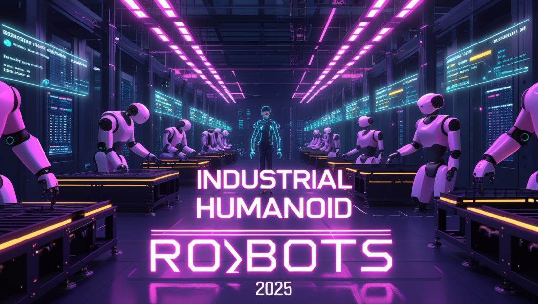 Cyberpunk-style illustration of industrial humanoid robots working on a factory floor in 2025, featuring neon pink and purple tones, advanced robotics performing assembly and inspection tasks, with glowing text “industrial humanoid robots” and “2025” in the background.