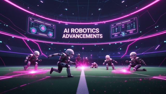 Dark cyberpunk illustration of humanoid football robots falling and self‑righting on a neon-pink pitch with holographic overlays showing AI diagnostics, highlighting “AI Robotics Advancements.”