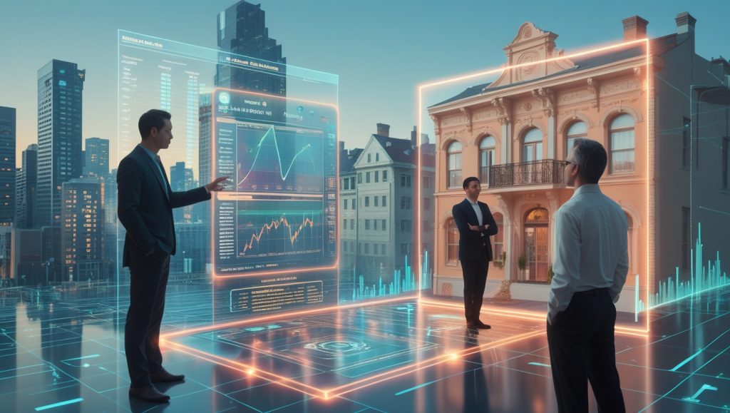 AI-driven property valuation system analyzing urban real estate with live data overlays, institutional insights for small investors, climate risk indicators, and a human expert evaluating a 1920s stucco apartment for cultural value