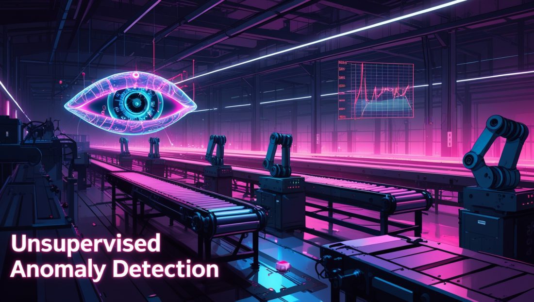 Dark cyberpunk factory scene with neon pink and purple lights showing holographic sensors and AI overlays detecting machine anomalies, highlighting unsupervised anomaly detection in smart manufacturing.