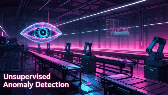 Dark cyberpunk factory scene with neon pink and purple lights showing holographic sensors and AI overlays detecting machine anomalies, highlighting unsupervised anomaly detection in smart manufacturing.