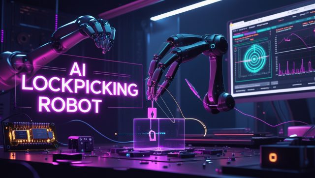 Futuristic digital illustration of an AI lockpicking robot in a dark cyberpunk lab with neon pink lighting, showing a robotic arm manipulating a lock using thin force-sensitive wires and real-time AI feedback, representing advances in physical security automation.