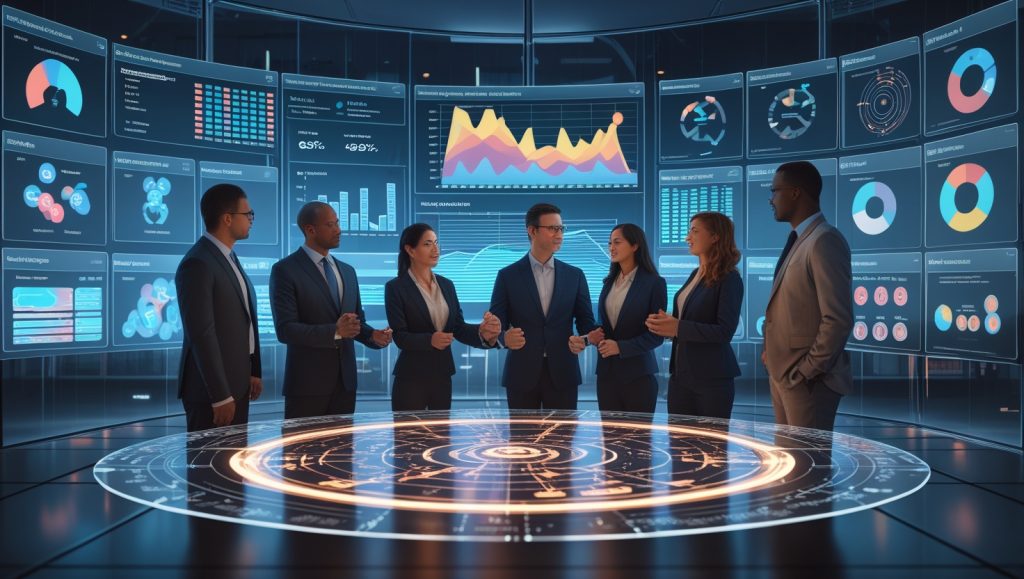 Corporate leaders using AI-powered dashboards to assess workforce capability risks, develop strategic talent plans, and align employee career paths with business goals in a futuristic digital workplace