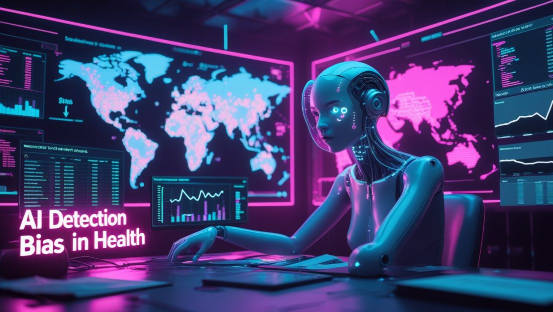 Cyberpunk digital illustration showing AI detection bias in health with neon-pink dashboards, world map sensor blind spots, and glitching data streams highlighting equity gaps in outbreak detection.