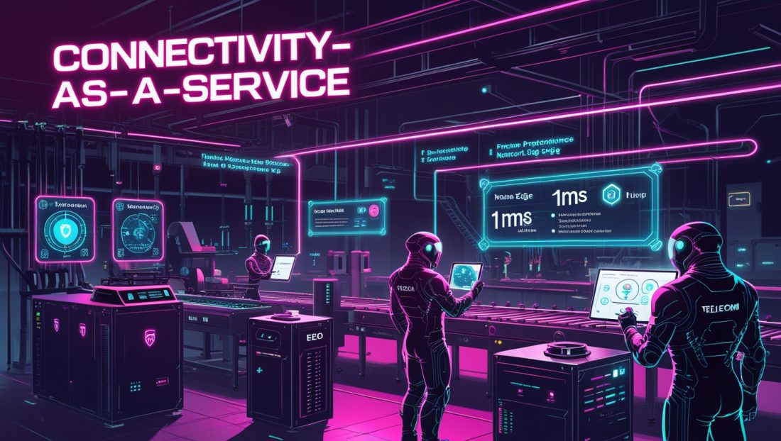 Dark cyberpunk illustration of a smart factory with neon pinks showing private 5G radios, micro-edge pods, and holographic dashboards; bold neon text reads “Connectivity-as-a-Service,” highlighting edge AI, 1ms latency, and predictive maintenance.